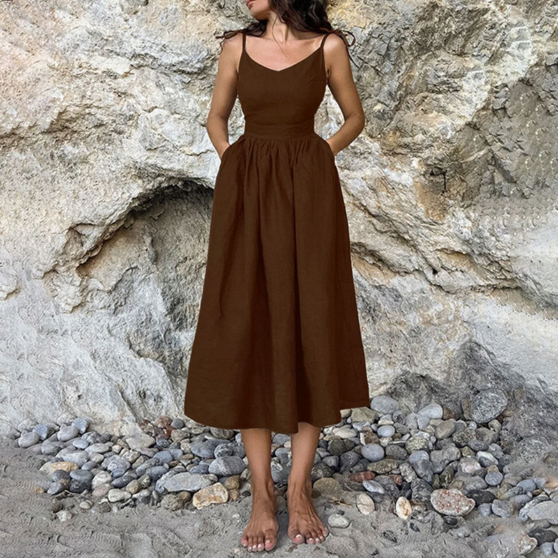 Women's One Shoulder Linen Midi Dress High Waist Elegant Vacation Sundress - Seldom Seen Styles