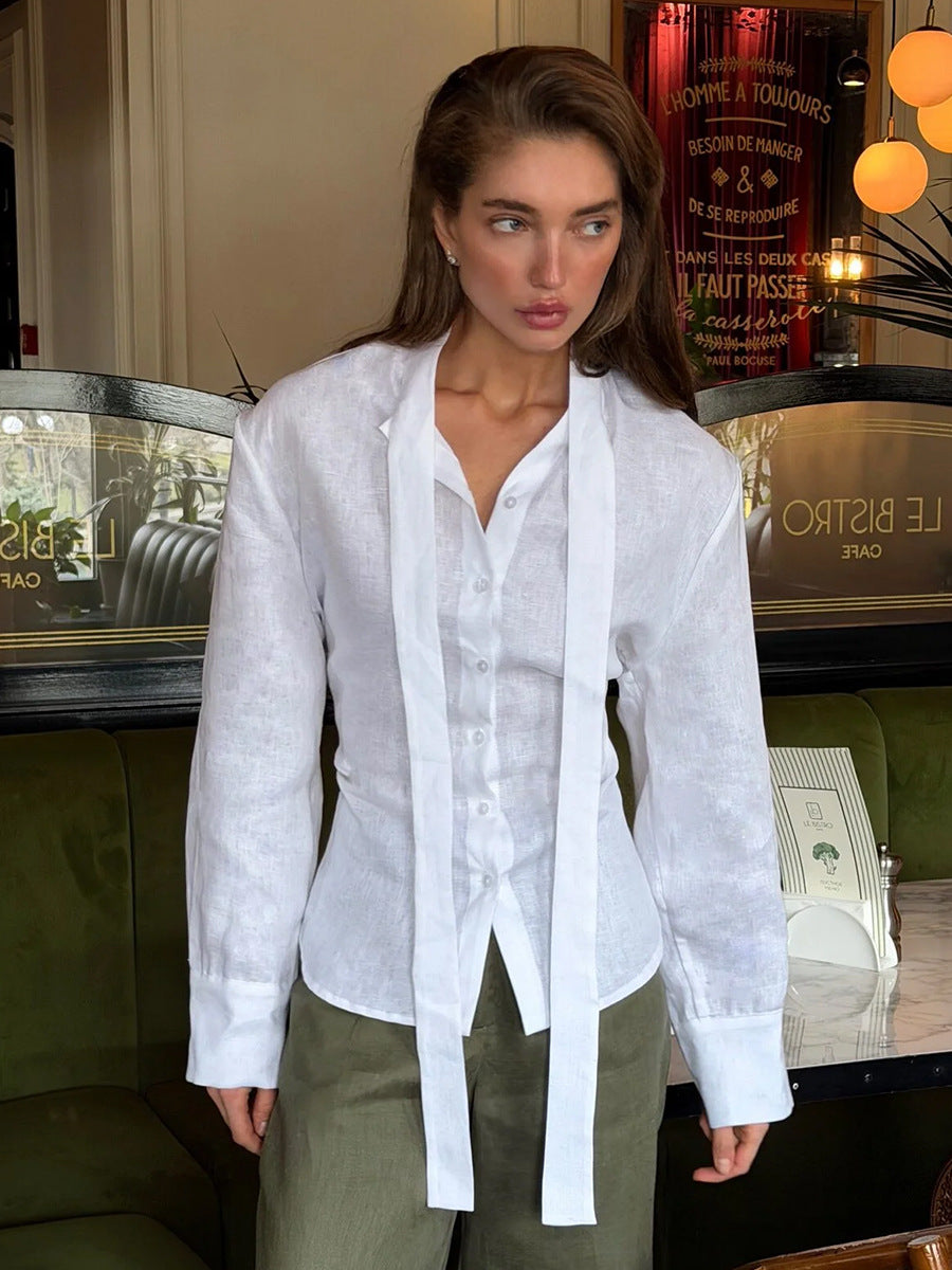 Strap-on shirt women's  autumn new streamer cardigan top commuter pure cotton slim-fit shirt women - Seldom Seen Styles