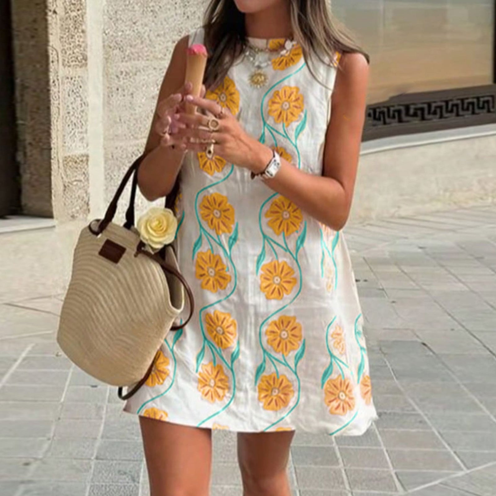 Women's summer new casual pink flower round neck sleeveless vest dress - Seldom Seen Styles