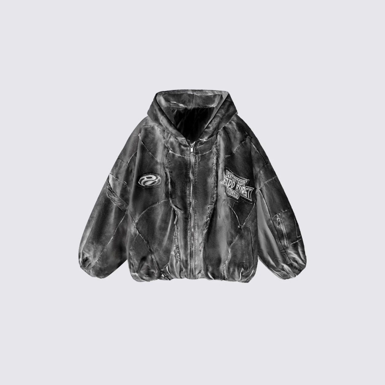 Distressed Embroidered Padded Hooded Jacket