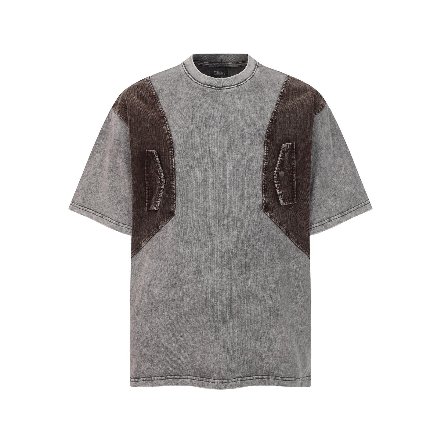 Crew Neck Short Sleeve Acid Washed Deconstructed Spliced Pocket T-Shirt Loose Oversized High Street Casual Couple Top | Acid Splice