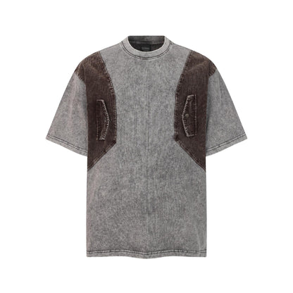 Crew Neck Short Sleeve Acid Washed Deconstructed Spliced Pocket T-Shirt Loose Oversized High Street Casual Couple Top | Acid Splice