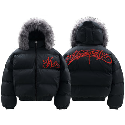 Women's High Street Letter Embroidery Removable Fur Collar Puffer Jacket Warm Oversized Winter Cotton Coat Unisex | Fur Collar Puffer