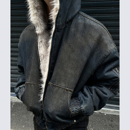 Washed Denim Fur Hooded Jacket