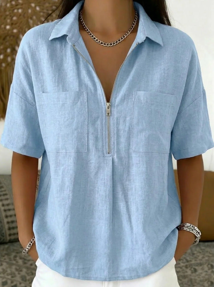 Women's Loose Lapel Short Sleeve Shirt V-Neck Zipper Casual Top Summer Vacation Outfit - Seldom Seen Styles