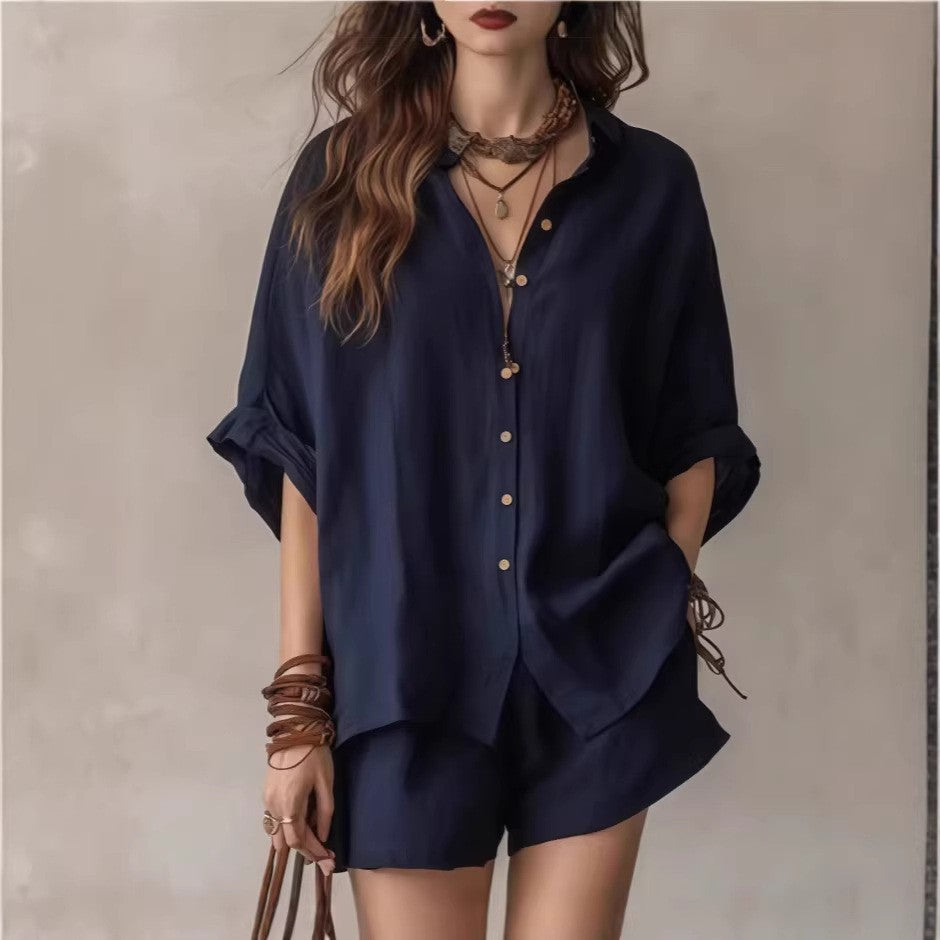 Women's Solid Color Loose Button Shirt Shorts Two Piece Set Casual Summer Outfit Fashion Suit - Seldom Seen Styles
