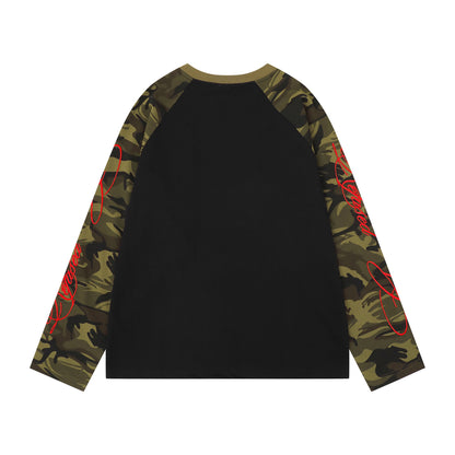 Women's American Retro Camouflage Splice Embroidery Raglan Long Sleeve T-Shirt Loose Casual Unisex Spring Summer Top | Camo Splice Tee