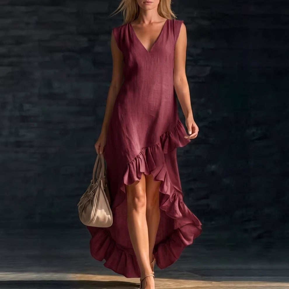 Women's V Neck Ruffle Hem Sleeveless Maxi Dress Cotton Linen Loose Fit Casual Summer Beach Dress - Seldom Seen Styles