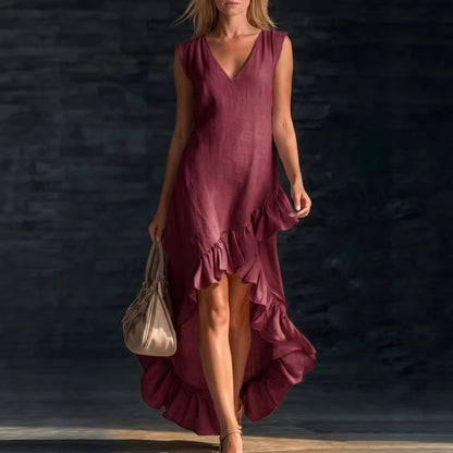 Women's V Neck Ruffle Hem Sleeveless Maxi Dress Cotton Linen Loose Fit Casual Summer Beach Dress