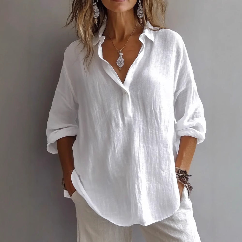Women's Linen Blend V Neck Shirt Casual Loose Long Sleeve Blouse Lightweight Button Front Tunic Top