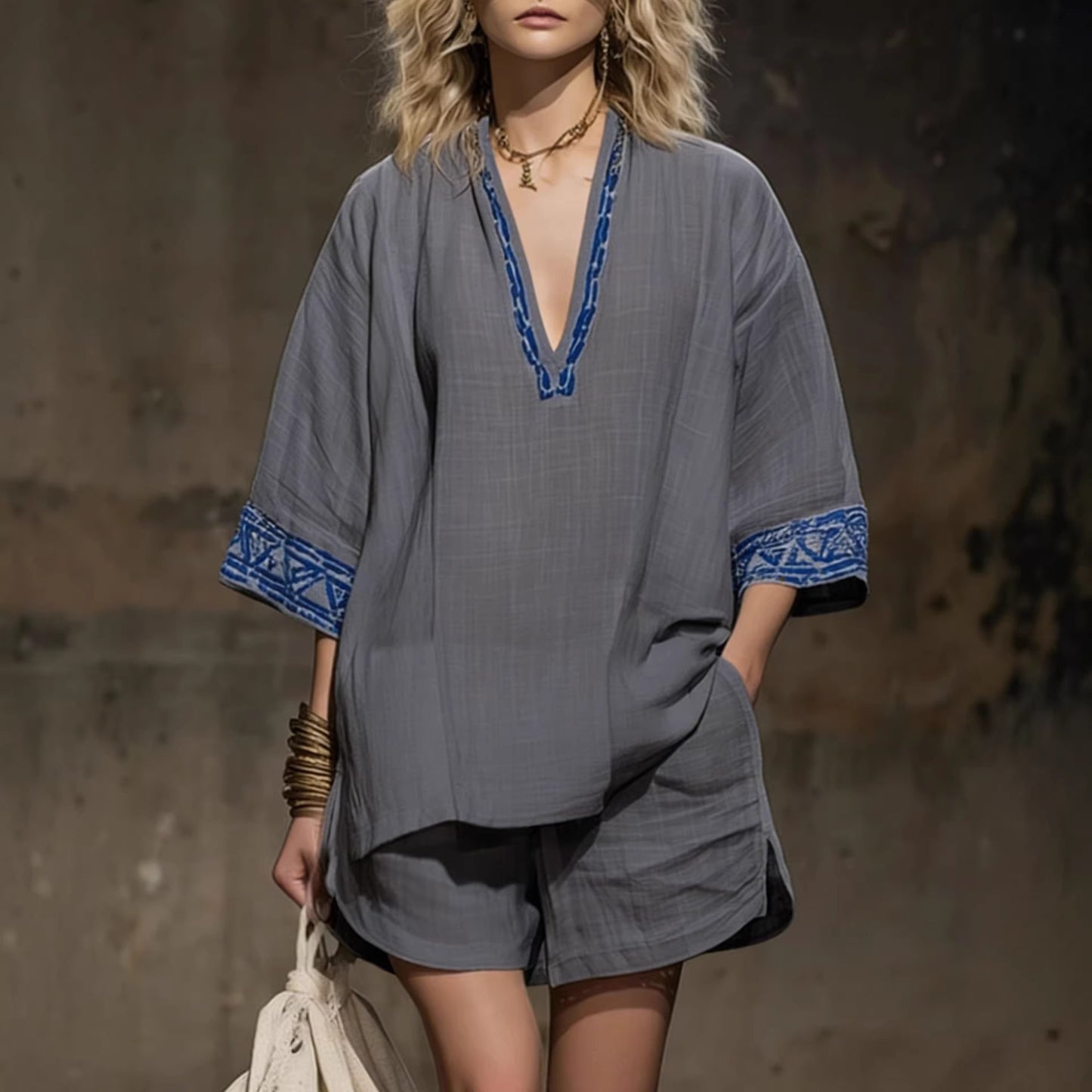 Women's Linen Printed V-Neck Short Sleeve Shorts Two Piece Set Bohemian Vacation Summer Outfit - Seldom Seen Styles