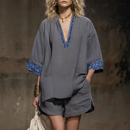 Women's Linen Printed V-Neck Short Sleeve Shorts Two Piece Set Bohemian Vacation Summer Outfit