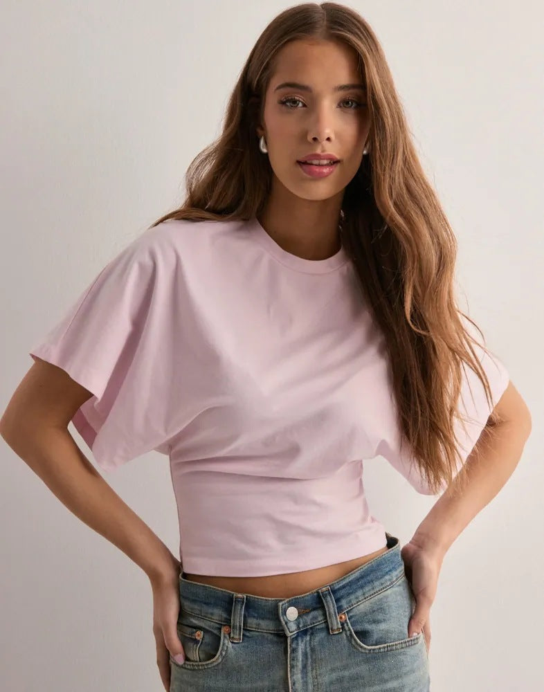 Women's Ruched Long Sleeve Top with Wide Sleeves Crew Neck Fitted Casual Blouse - Seldom Seen Styles