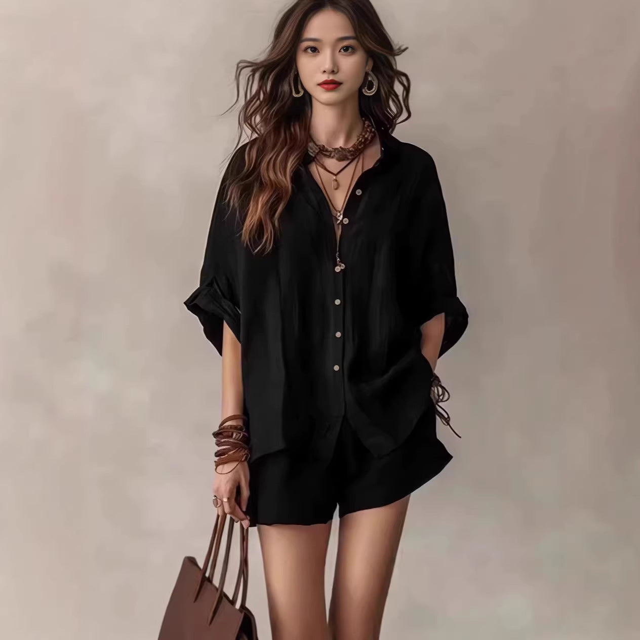 Women's Solid Color Loose Button Shirt Shorts Two Piece Set Casual Summer Outfit Fashion Suit - Seldom Seen Styles
