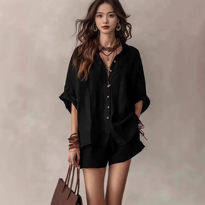 Women's Solid Color Loose Button Shirt Shorts Two Piece Set Casual Summer Outfit Fashion Suit