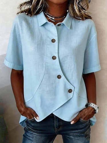 Women's Casual Solid Color Irregular Hem Button Up Short Sleeve Loose Top Summer Vacation Outfit - Seldom Seen Styles