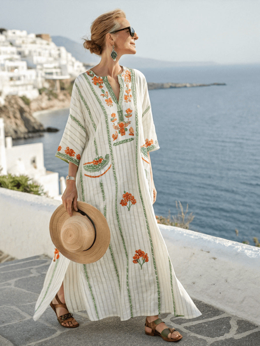Women's Boho Linen Maxi Dress Oversized Kaftan Beach Cover Up Vacation Resort Dress