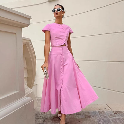 Women's Pink Two Piece Skirt Set Elegant Crop Top and High Waist Maxi Skirt Outfit