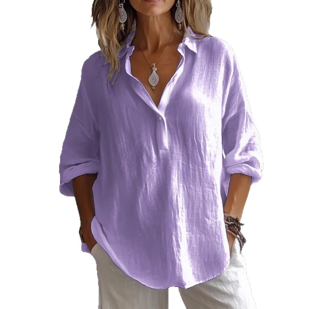 Women's Linen Blend V Neck Shirt Casual Loose Long Sleeve Blouse Lightweight Button Front Tunic Top