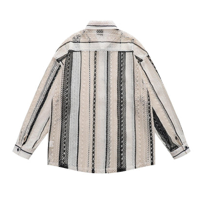 Ethnic Hollowed-Out Striped Long Sleeve Shirt Unisex Loose Fit Vintage Island Vacation Casual Couple Jacket | Island Stripe
