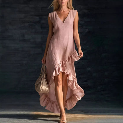 Women's V Neck Ruffle Hem Sleeveless Maxi Dress Cotton Linen Loose Fit Casual Summer Beach Dress
