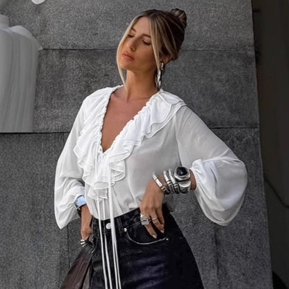 Women's Ruffle Chiffon Blouse Deep V Neck Lantern Sleeve Elegant White Shirt