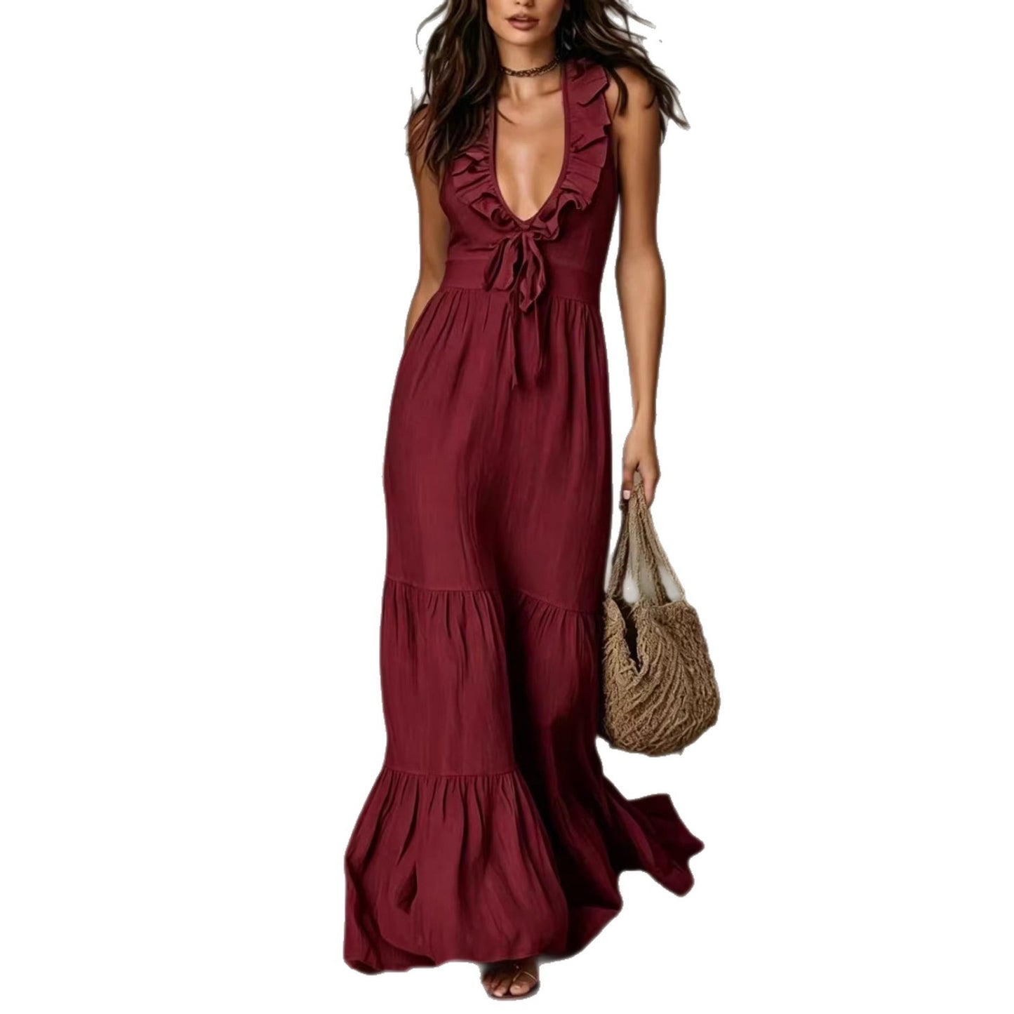 Women's Deep V Neck Ruffle Sleeveless Maxi Dress Loose Fit Casual Summer Beach Dress - Seldom Seen Styles