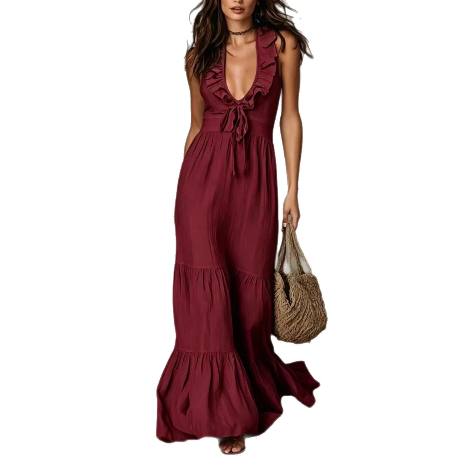 Women's Deep V Neck Ruffle Sleeveless Maxi Dress Loose Fit Casual Summer Beach Dress - Seldom Seen Styles