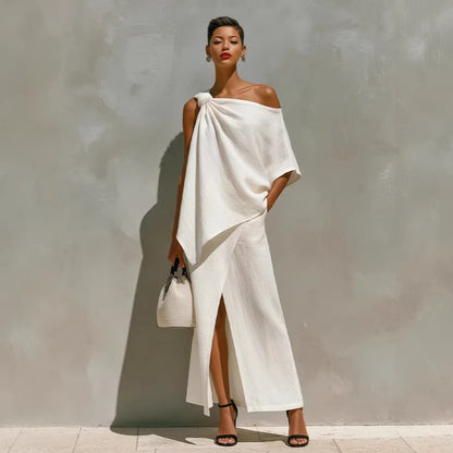 Women's One Shoulder Knot Front Slit Irregular Two Piece Set Solid Color Summer Vacation Outfit