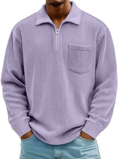 Men's Ribbed Quarter Zip Pullover Sweater Casual Long Sleeve Knit Polo Sweatshirt with Pocket