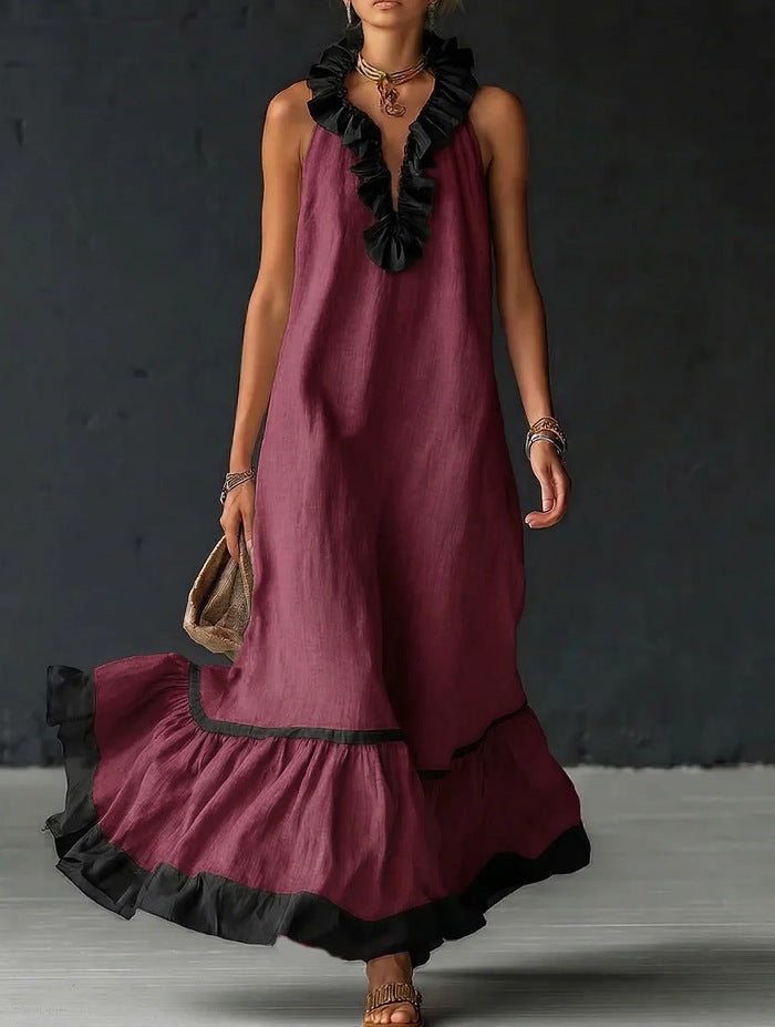 Women's Sleeveless V-Neck Ruffle Maxi Dress Loose Casual Summer Beach Vacation Long Vest Dress - Seldom Seen Styles