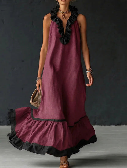 Women's Sleeveless V-Neck Ruffle Maxi Dress Loose Casual Summer Beach Vacation Long Vest Dress
