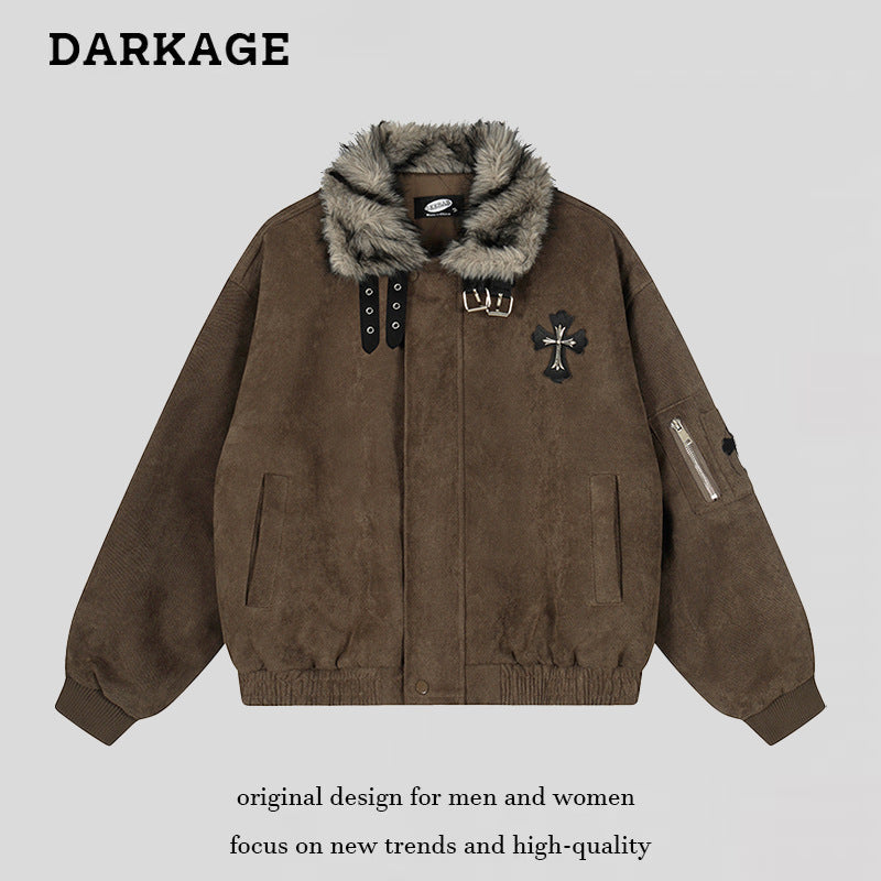 Faux Fur Collar Suede-Texture Buckle Bomber Jacket