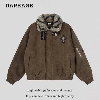 Faux Fur Collar Suede-Texture Buckle Bomber Jacket