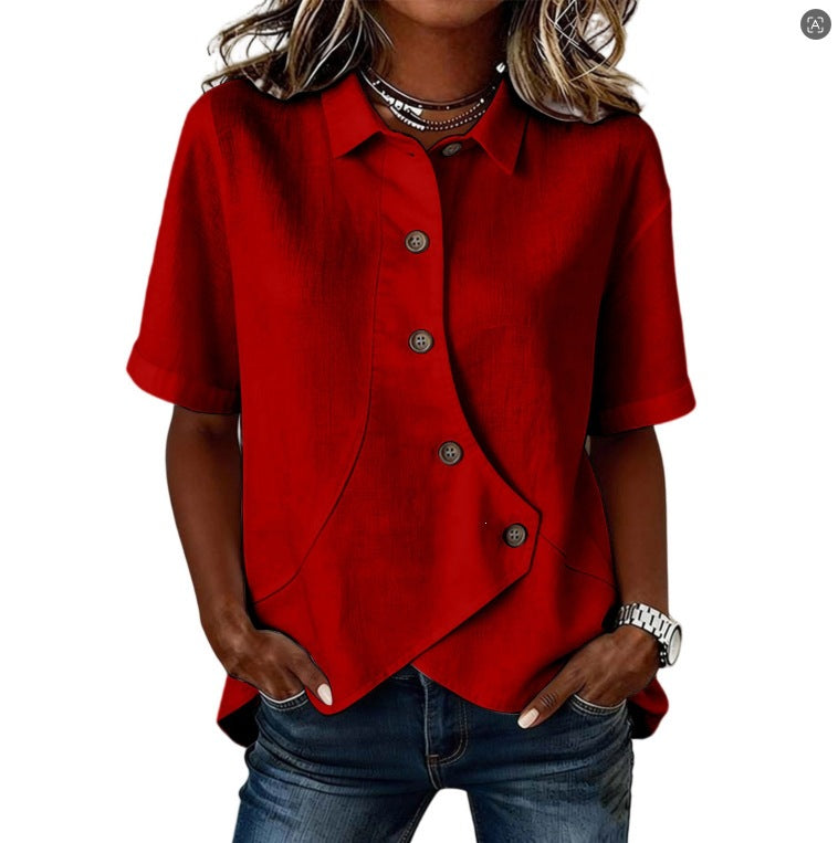 Women's Casual Solid Color Irregular Hem Button Up Short Sleeve Loose Top Summer Vacation Outfit - Seldom Seen Styles