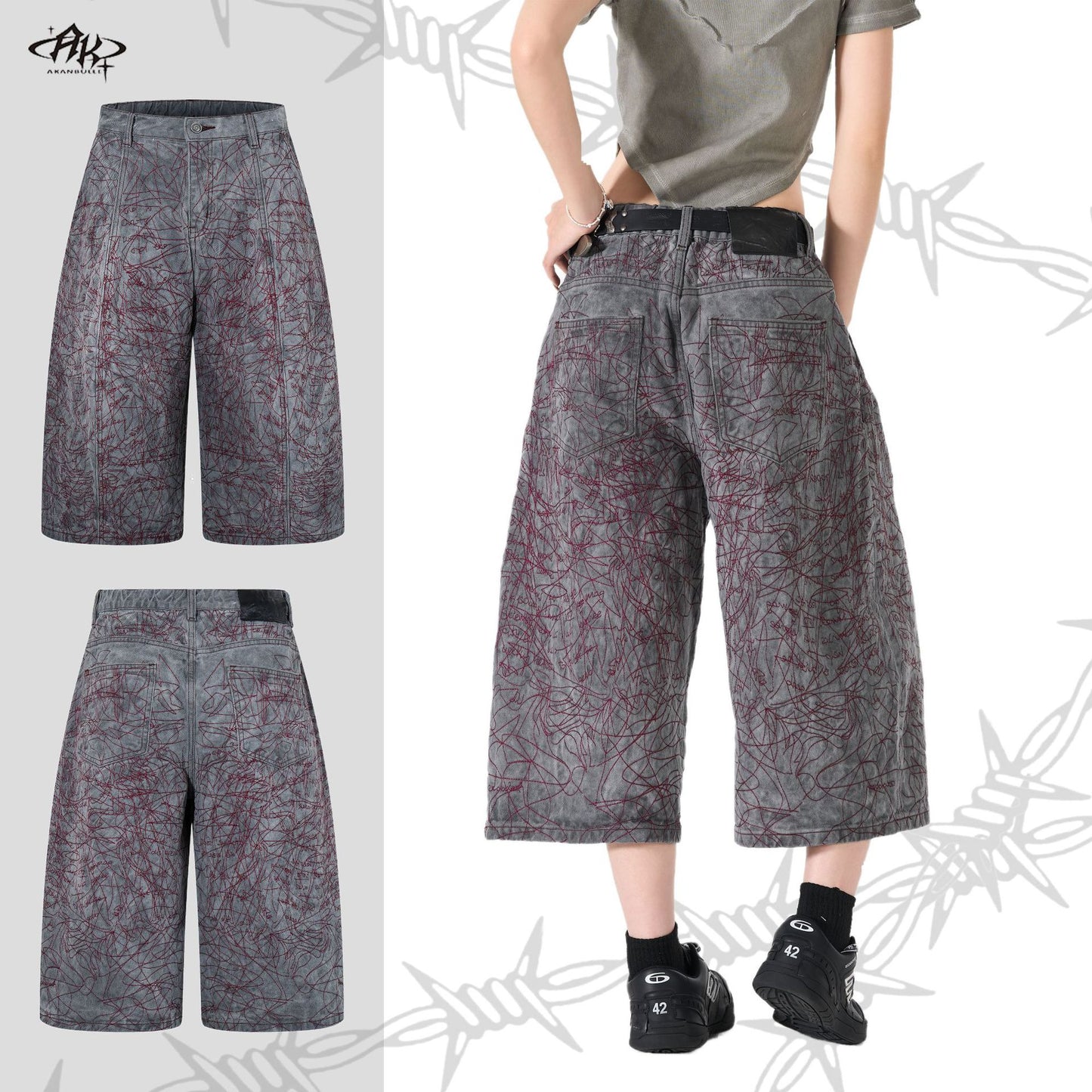 Heavy Industry Embroidery Washed Loose Cropped Shorts Retro American Hip Hop Street Trendy Casual Denim | Iron Bloom