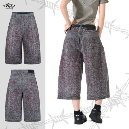 Heavy Industry Embroidery Washed Loose Cropped Shorts Retro American Hip Hop Street Trendy Casual Denim | Iron Bloom