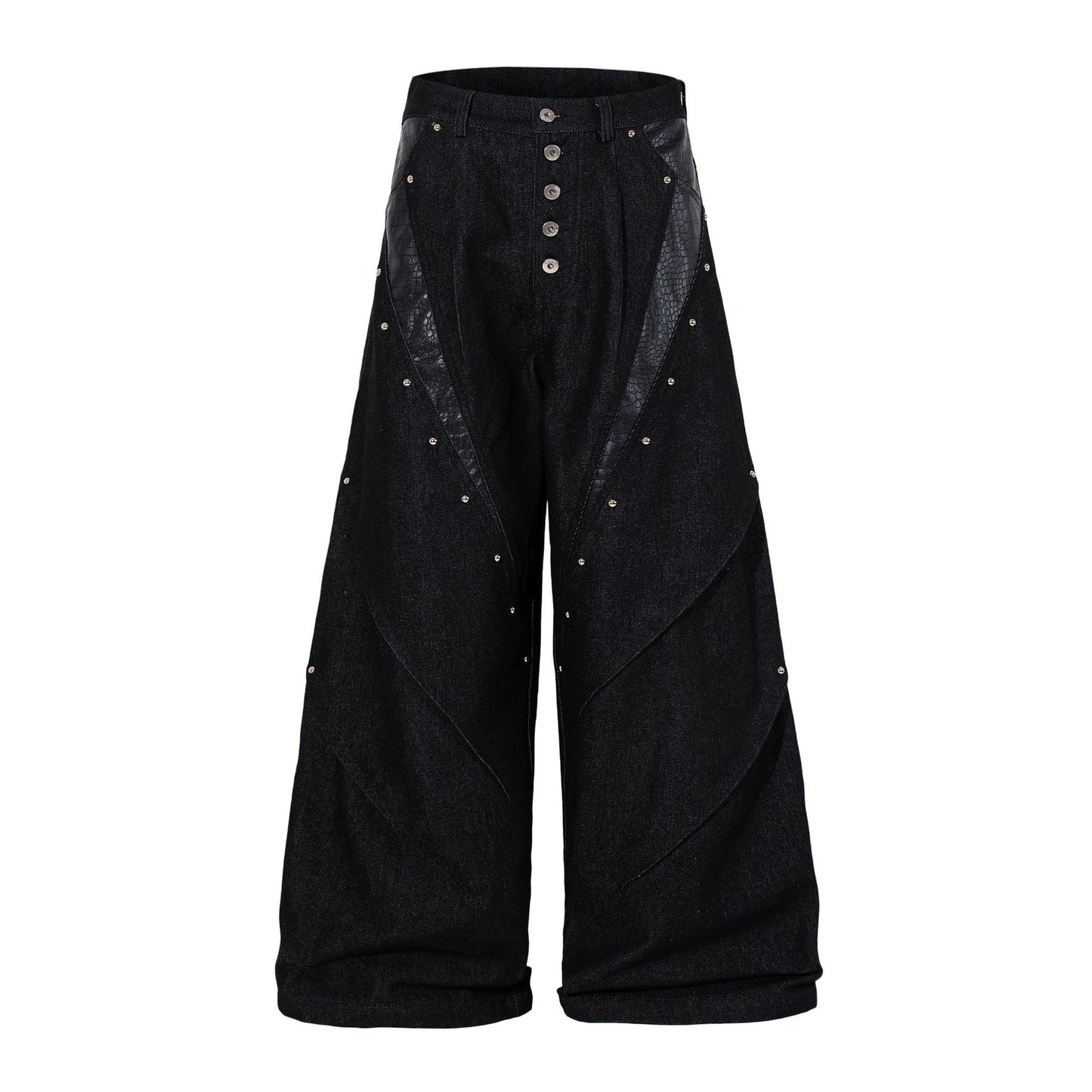 Women's American Retro Cracked Leather Splice Loose Straight Denim Pants Unisex Spring Summer Jeans | Crack Denim