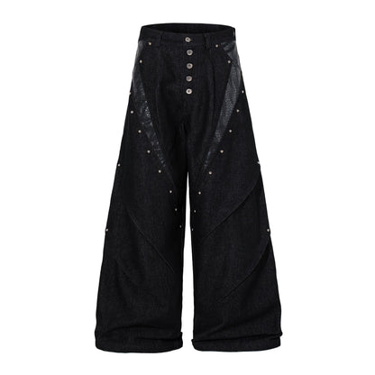 Women's American Retro Cracked Leather Splice Loose Straight Denim Pants Unisex Spring Summer Jeans | Crack Denim