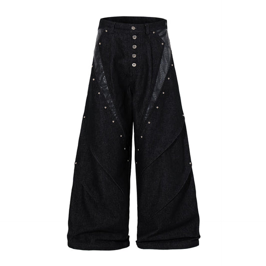Women's American Retro Cracked Leather Splice Loose Straight Denim Pants Unisex Spring Summer Jeans | Crack Denim