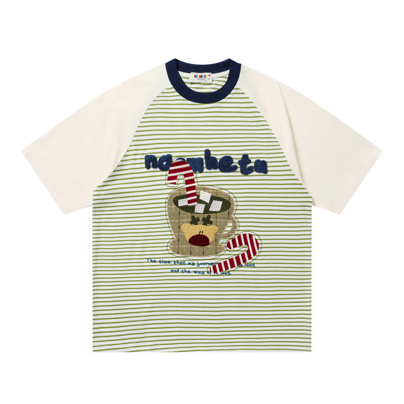 Bear Graphic Raglan Stripe T-Shirt Short Sleeve Oversized Casual Summer Streetwear Tee | Stripe Bear Tee