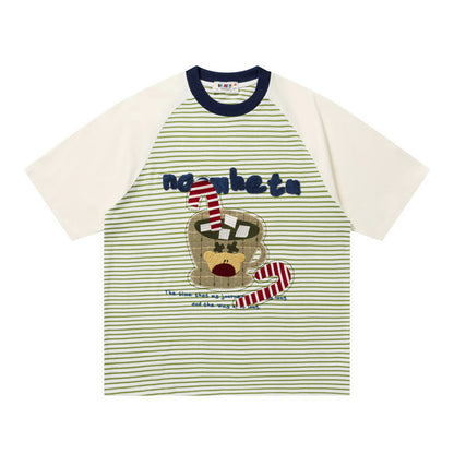 Bear Graphic Raglan Stripe T-Shirt Short Sleeve Oversized Casual Summer Streetwear Tee | Stripe Bear Tee