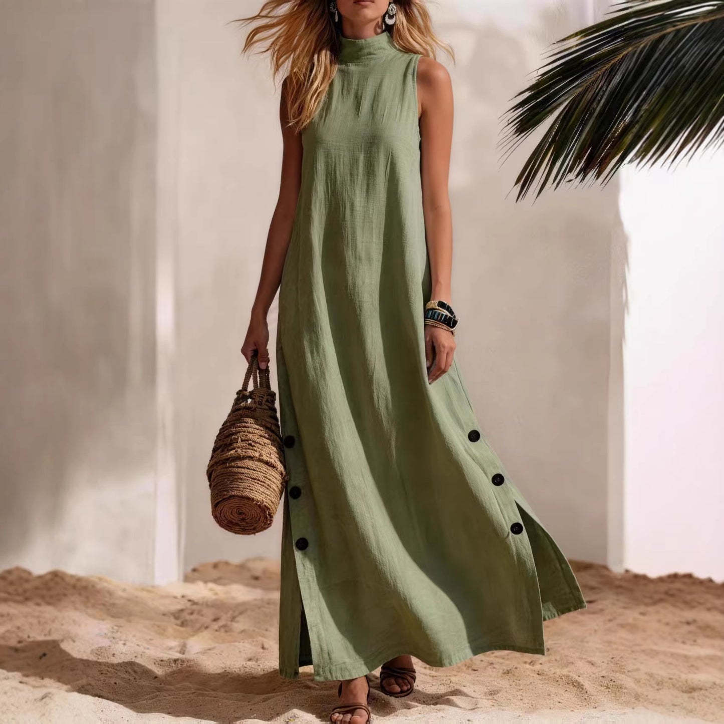 Women's Linen Maxi Dress Sleeveless Side Slit Beach Vacation Dress - Seldom Seen Styles