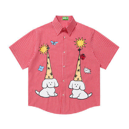 Graphic Dog Giraffe Print Plaid Shirt Short Sleeve Oversized Button Down Casual Summer Streetwear Shirt | Pup Plaid Shirt