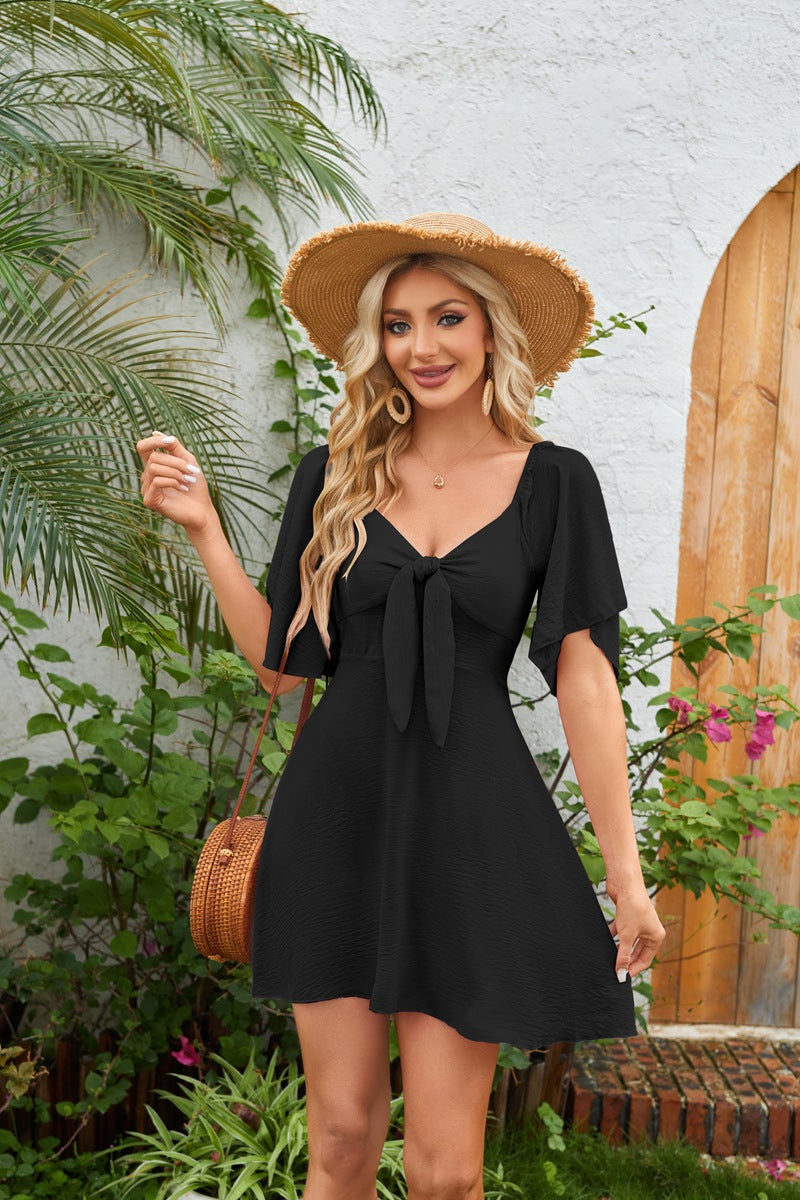 Women's V Neck Mini Dress Flutter Sleeve Tie Front Summer Dress - Seldom Seen Styles