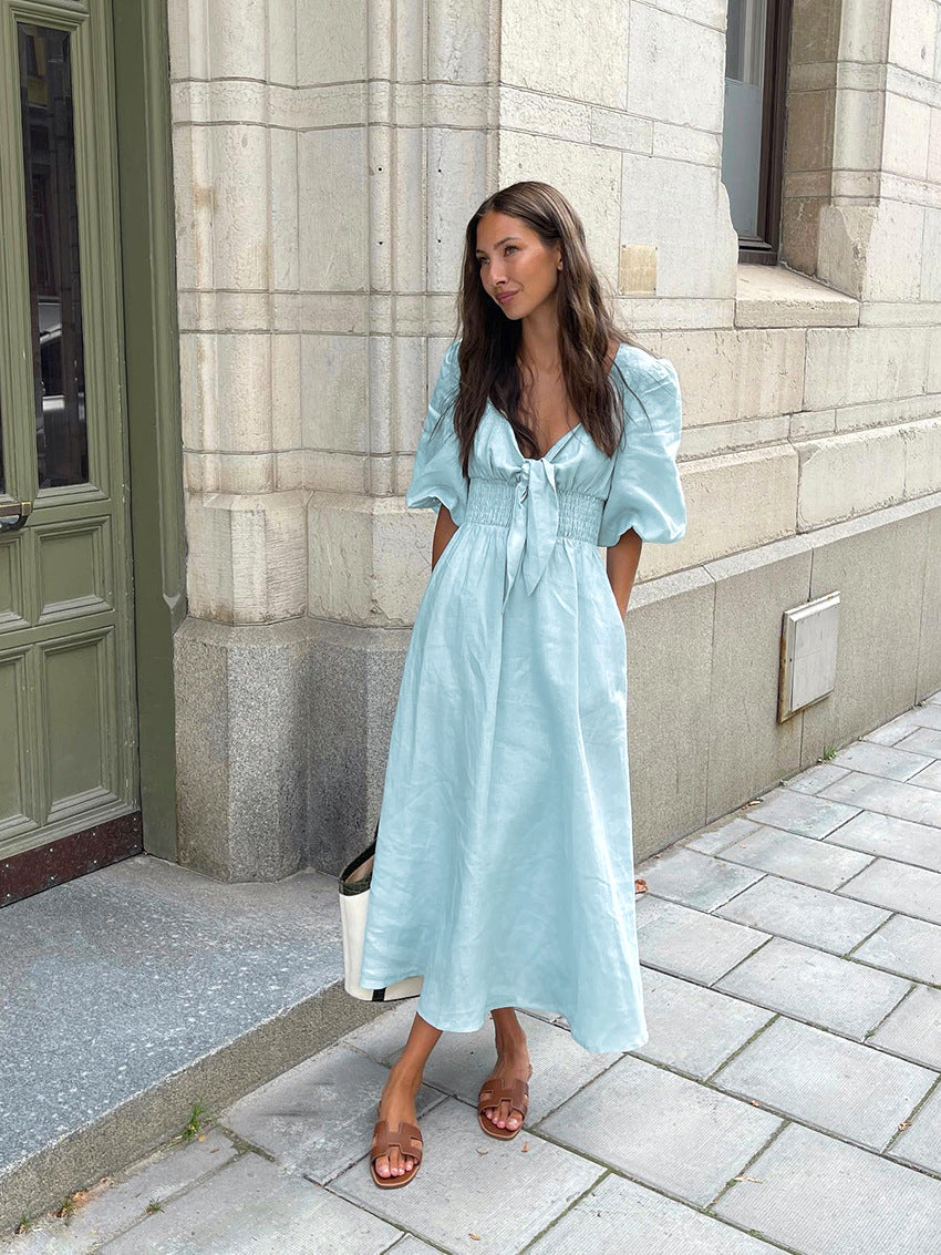Women's Puff Sleeve Midi Dress Tie Front Cottagecore Vacation Summer Dress - Seldom Seen Styles