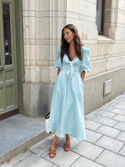 Women's Puff Sleeve Midi Dress Tie Front Cottagecore Vacation Summer Dress