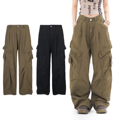 Cargo Wide Leg Pants Multi-Pocket Loose Fit Straight Leg Streetwear Couple Casual Vintage Patchwork Trousers | Cargo Wide Pants
