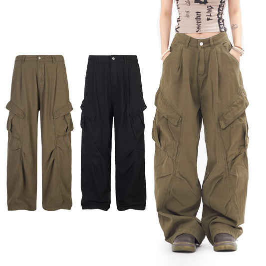 Cargo Wide Leg Pants Multi-Pocket Loose Fit Straight Leg Streetwear Couple Casual Vintage Patchwork Trousers | Cargo Wide Pants