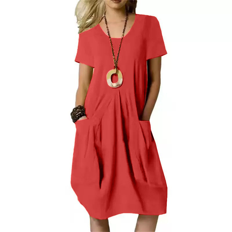 Women's Cotton Linen Loose Midi Dress Casual Short Sleeve Pocket Shift Dress - Seldom Seen Styles